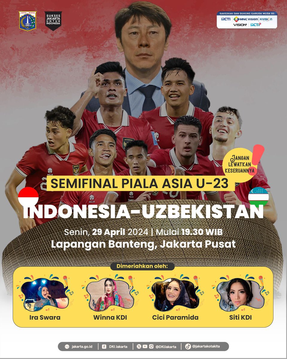 Warga Jakarta, ayo merapat ke Lapangan Banteng! Kalian bisa dukung Timnas Indonesia berlaga melawan Uzbekistan di U-23 Asian Cup 2024 sekaligus seru-seruan bareng artis idola! Yuk, ajak keluarga, teman, dan kerabatmu. Jangan lupa share kemeriahannya di kolom komentar ya!…
