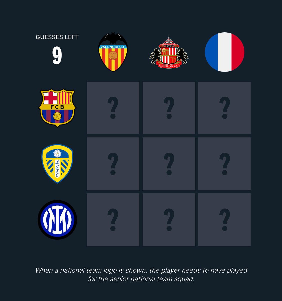 ⚽️ Football Grid #236

Play here: acmomento.com/football-grid                                  

Quote RT or Reply with your scores! #footballgrid