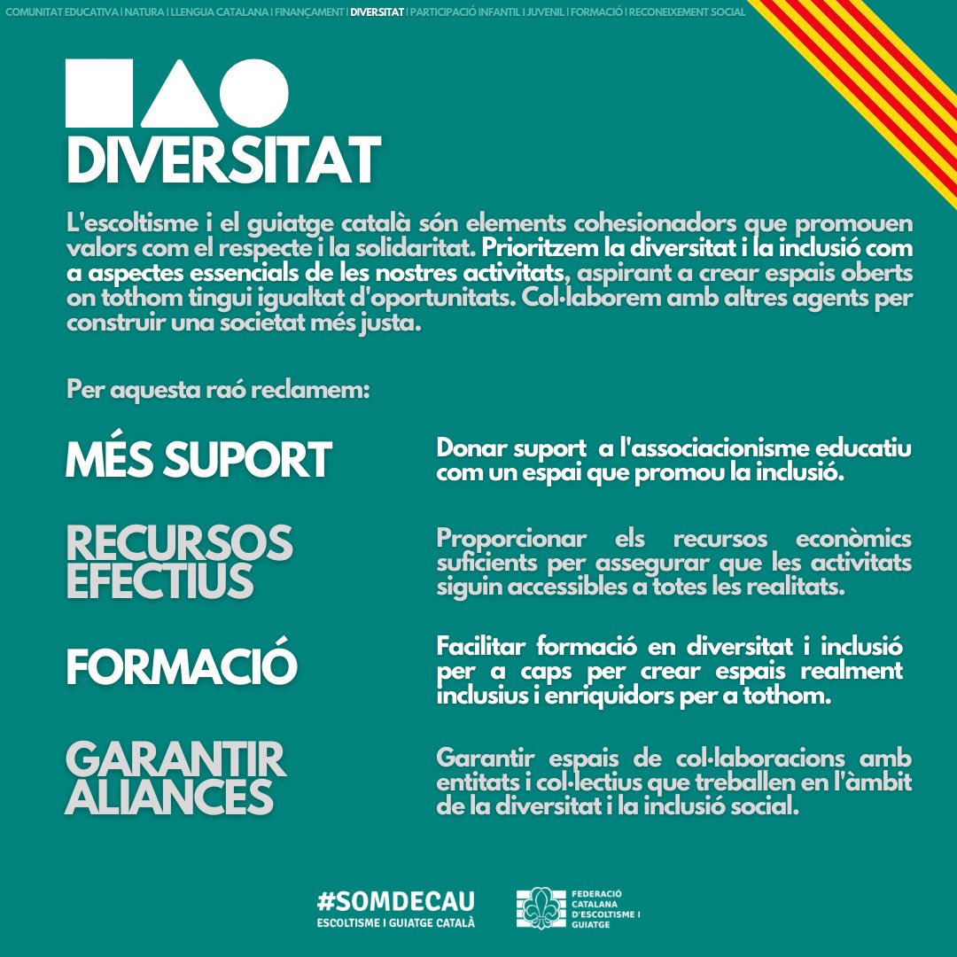 fceg_cat's tweet photo. 🫱🏽‍🫲🏾La diversitat és un altre punt destacat, amb la voluntat de crear espais oberts i inclusius per a totes les persones, promocionant valors de respecte i solidaritat. https://t.co/EqsyxjCqHV