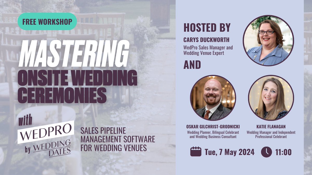 ✨ Join us for a FREE workshop on mastering onsite wedding ceremonies with wedding experts Carys Duckworth, Oskar Gilchrist-Grodnicki and Katie Flanagan on Tuesday, 7 May @ 11:00 Register here: us02web.zoom.us/meeting/regist… #WeddingIndustry #WeddingWorkshop #IAmAWedPro