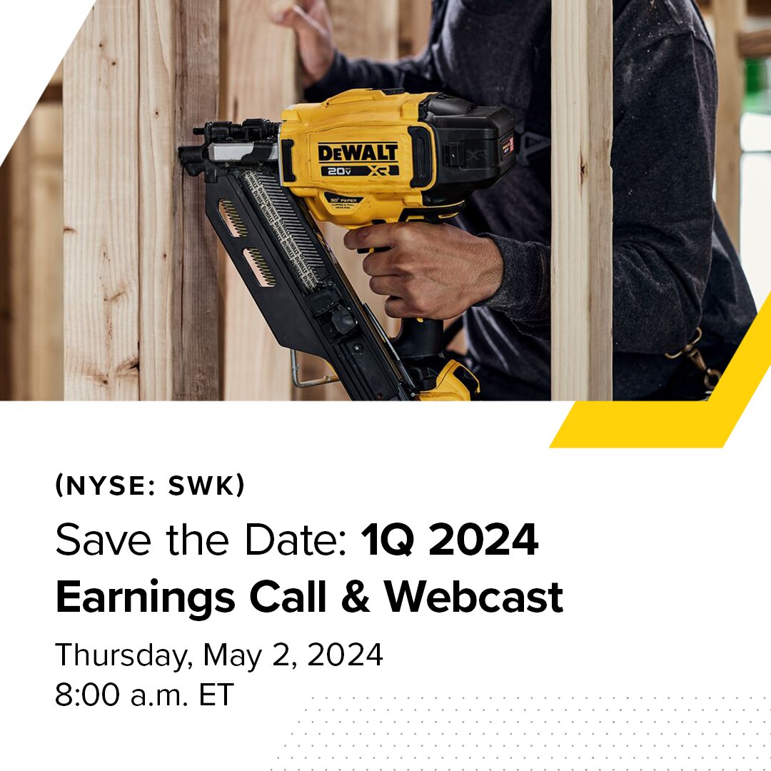 Stanley Black & Decker will report its financial and operating results for 1Q 2024 on Thursday, May 2 before market open with the Earnings Call Webcast at 8:00 a.m. ET. For more details > sbdinc.me/4dbJVkC $SWK #ForThoseWhoMakeTheWorld