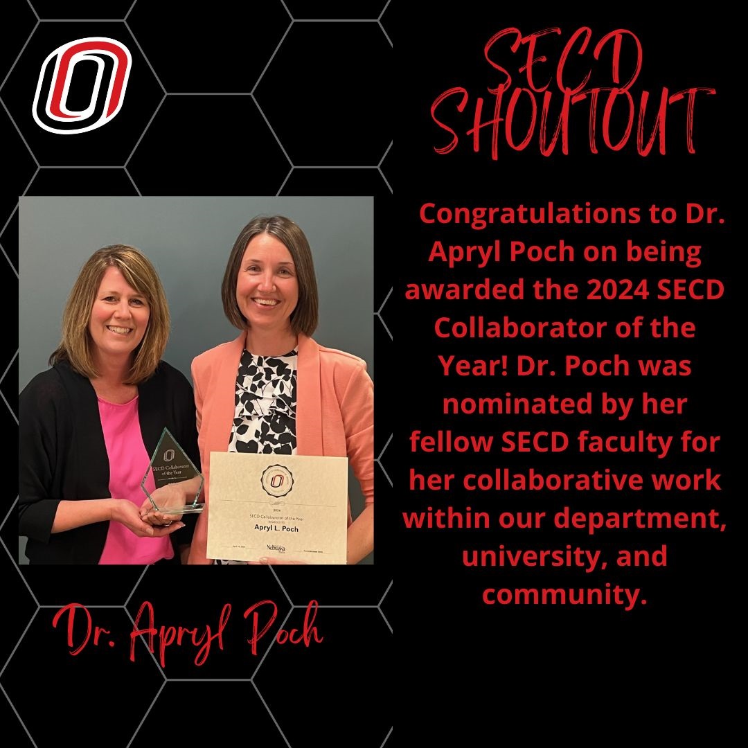 SECD Shoutout to Dr. Poch on being awarded the 2024 SECD Collaborator of the Year! #educationmatters #sped #spedteacher #collab @UNOSECD @SCEC_UNO @unonsslha @UNOCEHHS @UNOExpl @UNOGradStudies @UNOmaha