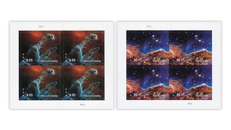 Counterfeit high-denomination Stellar Formations Priority Mail stamps discovered. bit.ly/4ddoI9P #LinnsStampNews