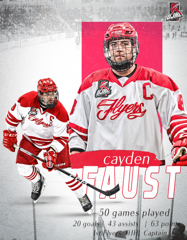 For one last time, let's hear it for your Flyers Captain, no. 8, Cayden Faust. The Windsor native returned home to suit up with the Flyers this season, donning the C while finishing as our leading scorer. Join us as we celebrate our graduating captain, Cayden Faust!