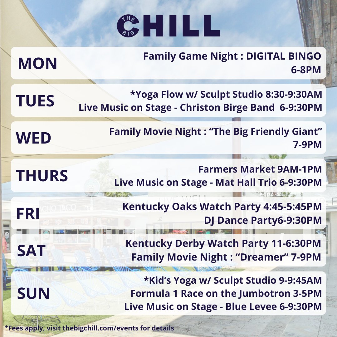 Happy Monday! 🌸☀️ Join us this weekend to watch Kentucky Derby + the Formula 1 Race on our Jumbotron! See you there! 🤗 

#thebigchill30a #sowal #watersound #hey30a #30abeaches #30a #30alife #southwaltonbeaches #30aevents #visitsouthwalton #watersoundbeach #familyfriendly