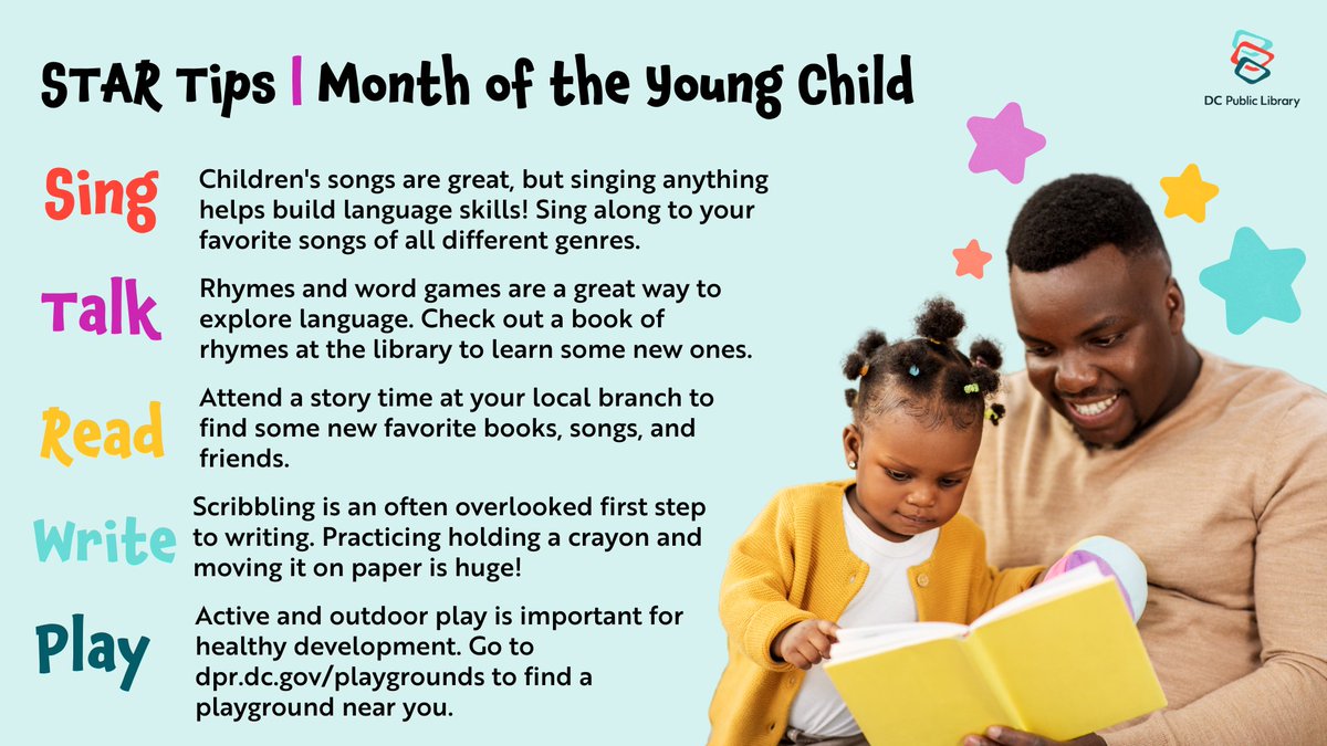 PLAY | Active and outdoor play is important for healthy development. Go to dpr.dc.gov/playgrounds to find a playground near you. Month of the Young Child 👇🏾 Tips of the Week!