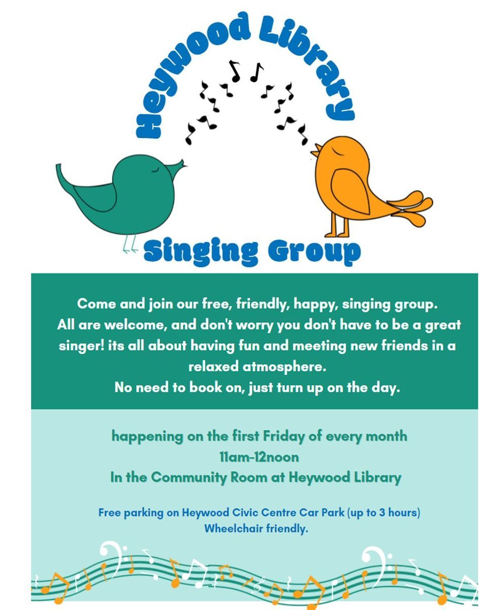 The next Heywood Library Sing-a-long will be taking place on Friday 3rd May, 11-12noon in the community room. Its free to attend any no need to pre-book just come along on the day. All abilities of singers welcome and refreshments also provided.