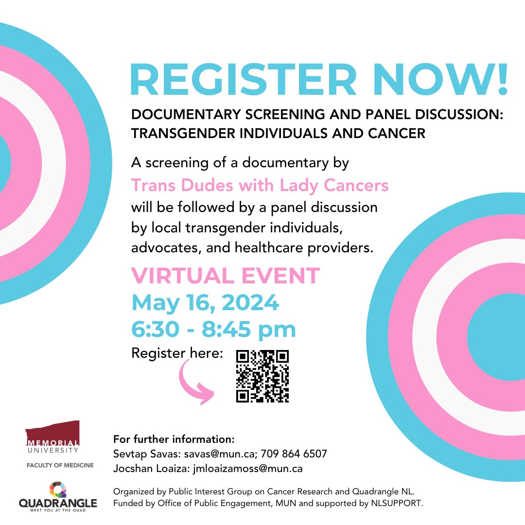 Did you know that we have around 60,000 #transgender men and women in Canada? They are one of the medically under-served communities in Canada Come learn about their lived experience as cancer-affected folks and the current state of cancer care in #NewfoundlandAndLabrador