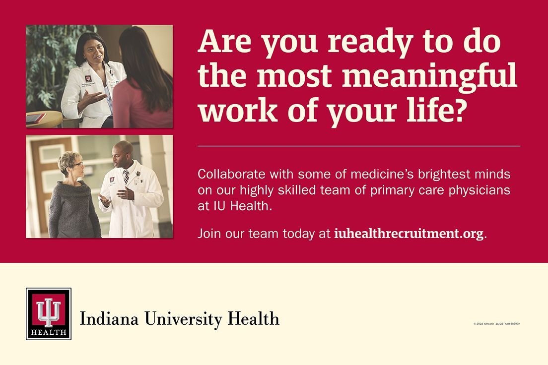 Join a team that's changing healthcare for the better at @IU_Health. Learn more about our #primarycare physician career opportunities at buff.ly/403J4Mo. #IUHealthphysicianjobs #familymedicine #internalmedicine