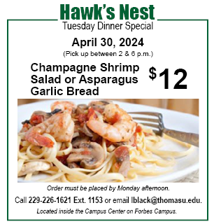 Getting ready for finals? Make dinner easy with Hawk's Nest! Order up this tasty dish for you and your family for your busy Tuesday night! Open to the public. Entrée and side for $12. Call or email orders by this afternoon. #TUHawksNest #DinneratHawksNest