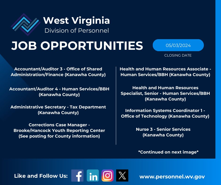 Job Seekers:

Below is a listing of job opportunities closing May 1, 2024 - May 3, 2024. To apply, visit governmentjobs.com/careers/wv.

*More in the comments* 

#DivisionOfPersonnel #TeamWVDOP #jobopportunities #wv