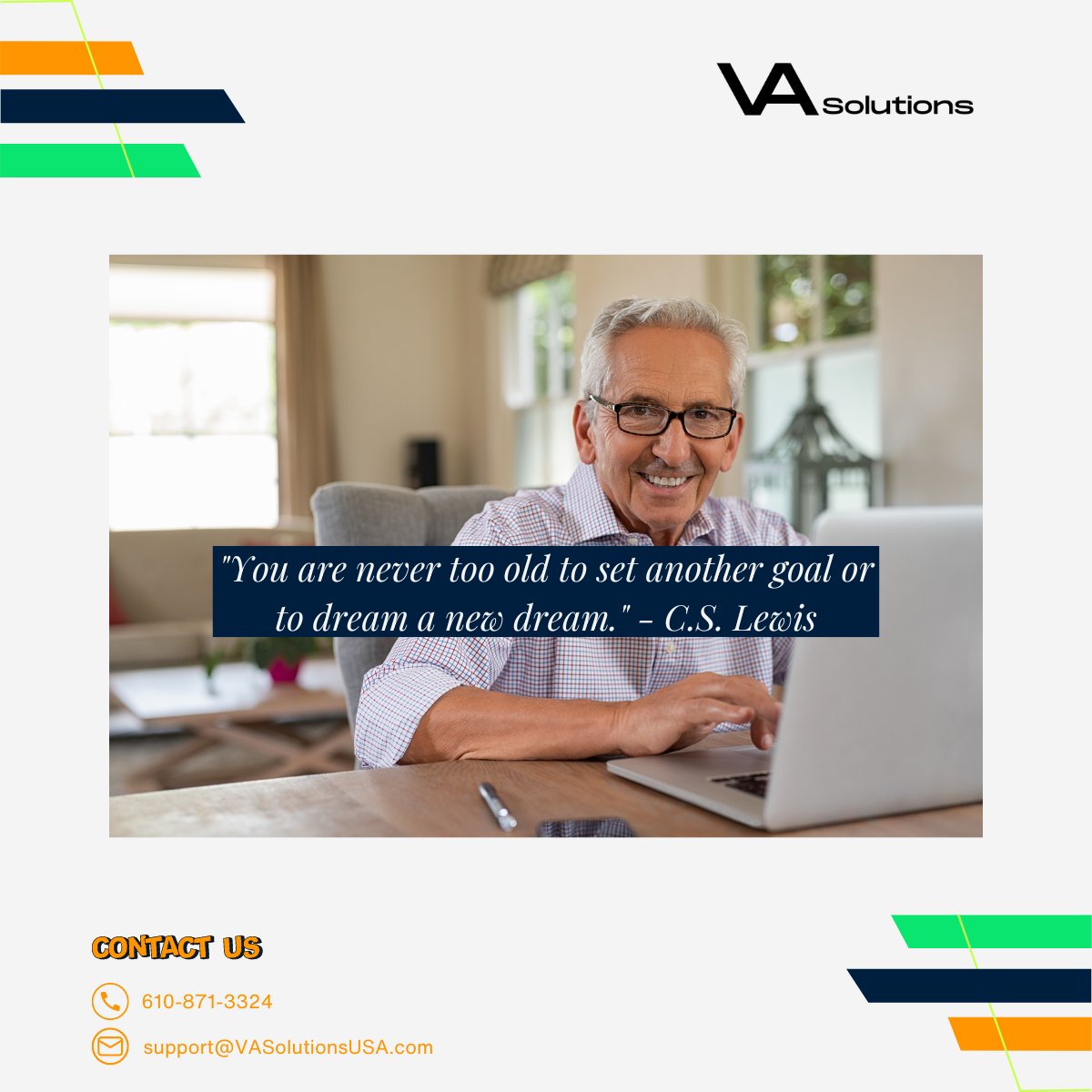 👴🏽 Age is but a number, and the spirit of innovation knows no bounds. Your virtual assistant is here to provide support and guidance as you embark on this exciting journey of reinvention. 💼 #DreamAgain #NeverTooLate #VirtualAssistant #VASolutionsUSA
