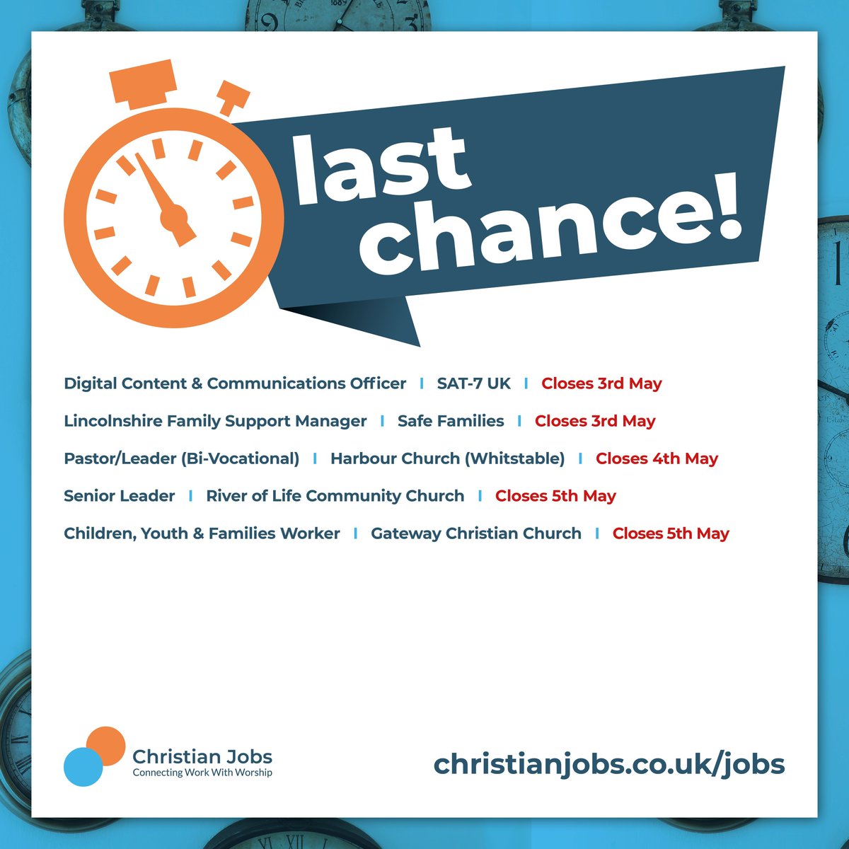 🕐 LAST CHANCE! 🕐 If you're interested in applying for any of the jobs we have on our site, now's the time to do it as there are plenty of them ending this week! Find your next opportunity at christianjobs.co.uk/jobs #UKChristianJobs #NewJob #JobSearch #ChristianJobs #Jobs