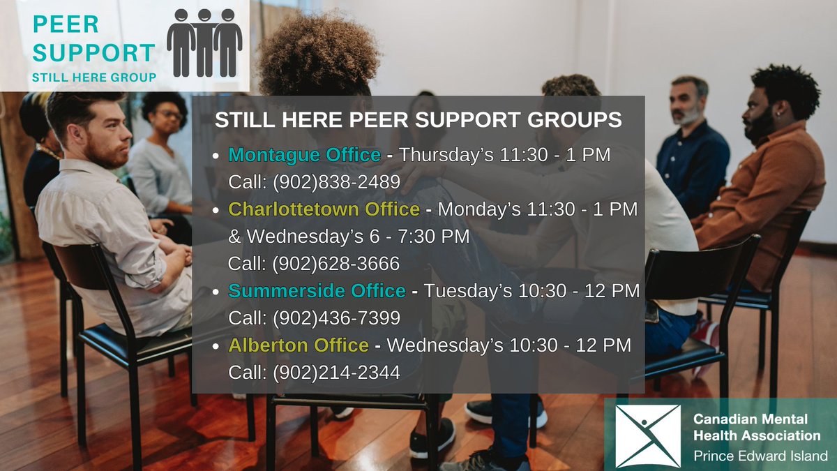 Did you know our Peer Support - CMHA PEI Program hosts a weekly support group? The Still Here, Mental Health Support Group is held to encourage people with similar experiences to share their stories to help themselves and others. Learn more here: pei.cmha.ca/find-help/peer…