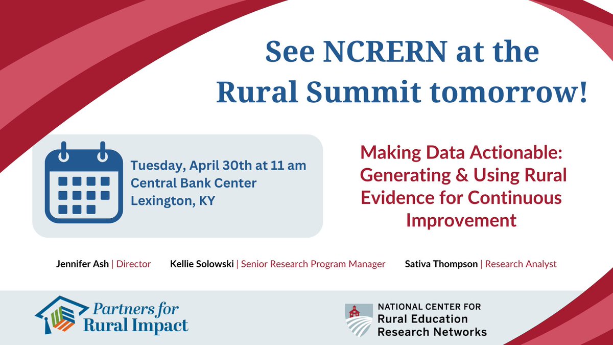 Tomorrow: If you're at @PartnersRural's #RuralSummit24, check out NCRERN's breakout session, 'Making Data Actionable: Generating & Using Rural Evidence for Continuous Improvement.'