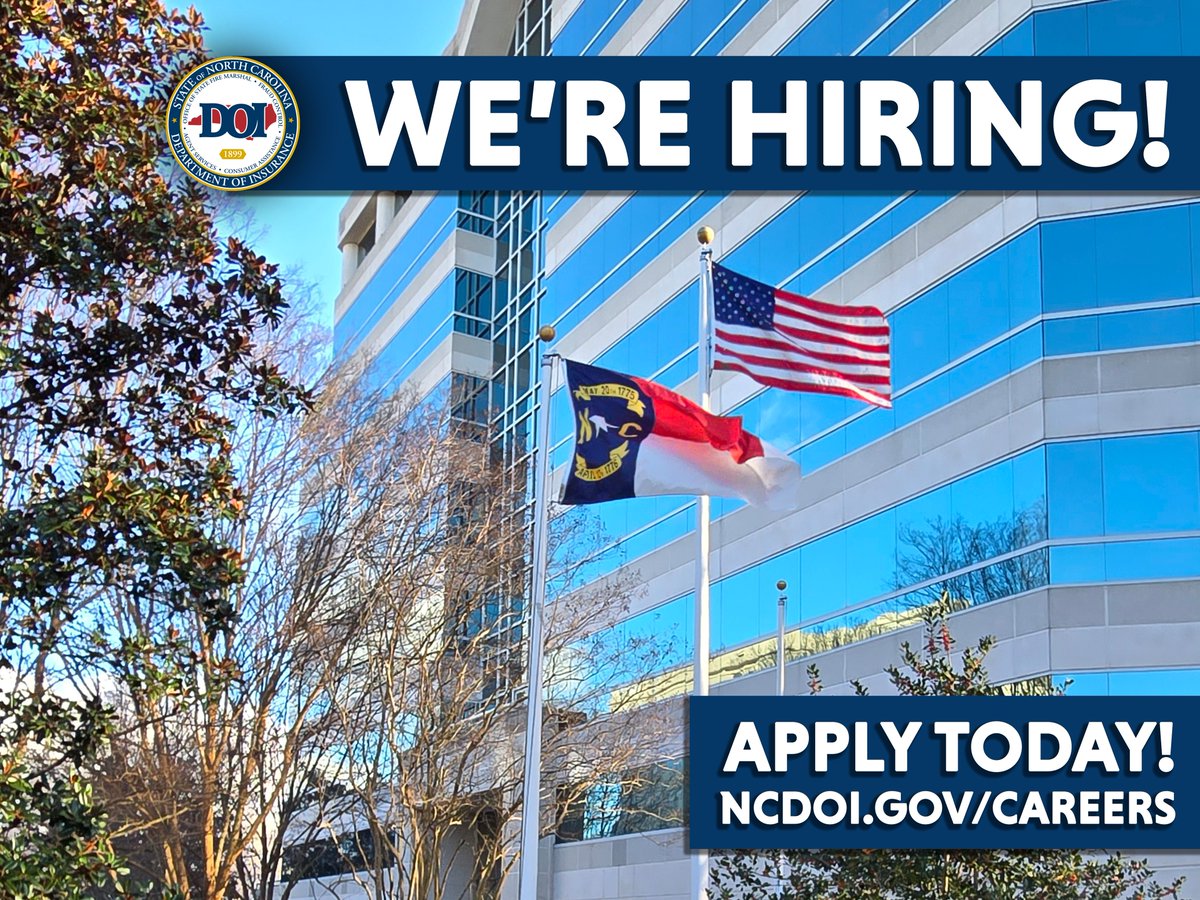 JOIN OUR TEAM! We have several open positions available on our website now. If you have a background in insurance, finance, or legal, we'd love to hear from you! To view all of our open job positions, visit: ncdoi.gov/careers