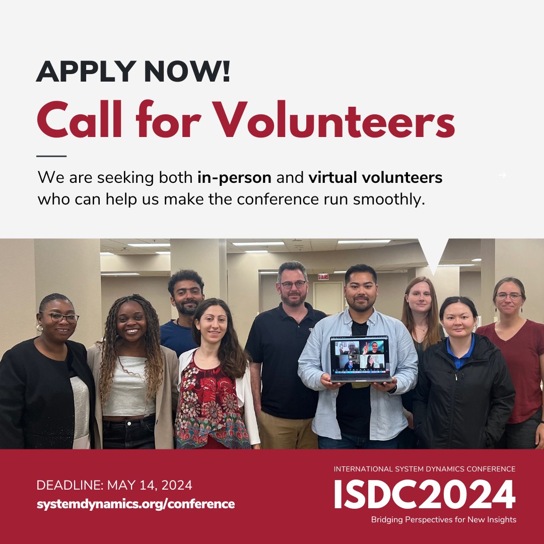 📣 SIGN UP to become an #ISDC2024 volunteer! Volunteering is a fantastic way to meet new people, build your skills, and give back to the #SystemDynamics community. 🫱🏻‍🫲🏽 📅 Application deadline: May 14, 2024 🔗 Apply now: ow.ly/g8UB50Qyhjb