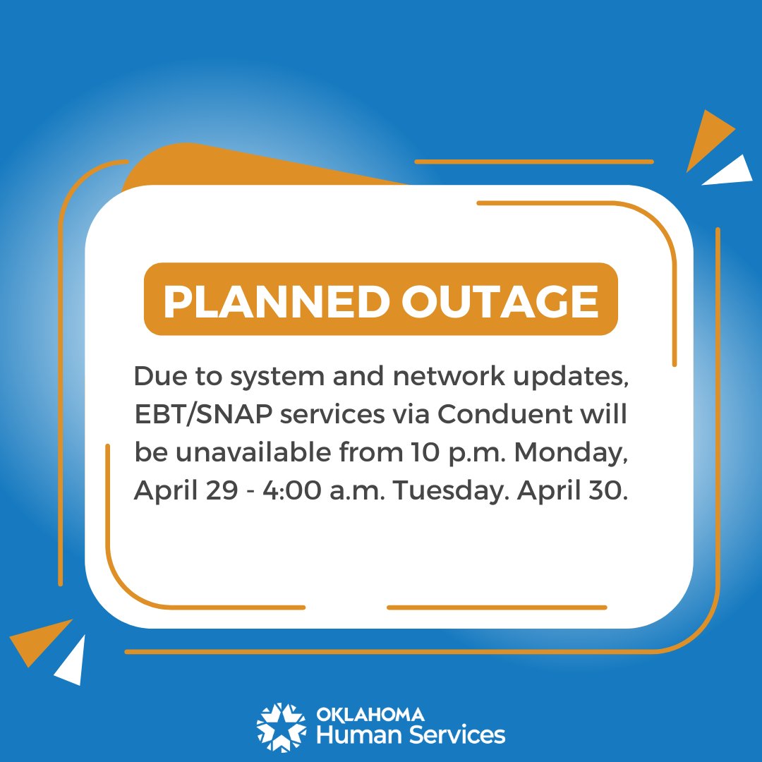 ⚠️ Attention ⚠️ Conduent, our SNAP/EBT provider, will be updating their system from 10 p.m. Monday, April 29 - 4:00 a.m. Tuesday, April 30. During this time, some services will be unavailable. *Benefit issuance will not be impacted for the month of May by this change.