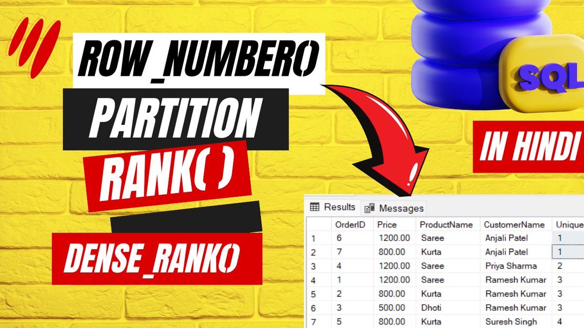 DotNetCornerYT's tweet image. ROW_NUMBER(), RANK(), DENSE_RANK() IN SQL | SQL Tutorial in Hindi
YT:- youtu.be/AcY0caYHBlc
!! FOLLOW US TO LEARN CODING !!
!!! Follow for more !!!
#SoftwareEngineer #SoftwareDeveloper #Programming #100DayChallenge #SQL #Database #rdbms
