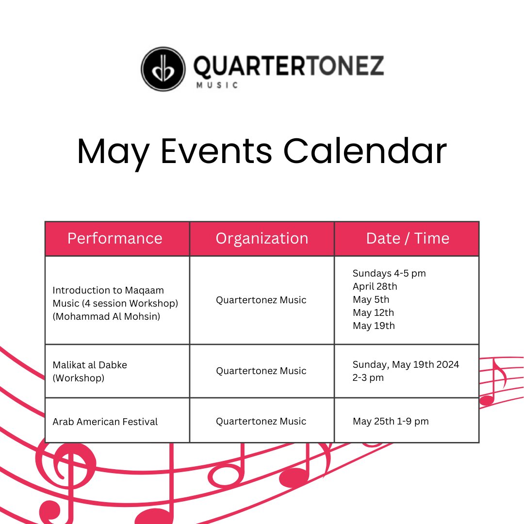 May is music-filled at Quartertonez! 🎶 From workshops to the highly anticipated Arab American Festival, our calendar is bursting with rhythm and melody. 

#MusicSchool #ArabAmericanFestival #MusicWorkshop