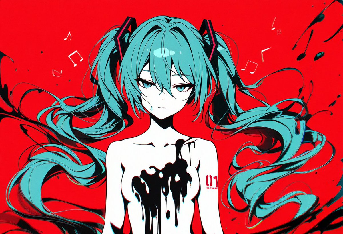 1girl,hatsune miku,red background,flatcolor,expressionless,half-closed eyes,chromatic aberration,musical note,ink blot,melting,nude,upper body,bodypaint,

NAIでYouTubeサムネにありそうな初音ミクの画像作ってた
こういうのは学習データに多いのかかなり打率は高め