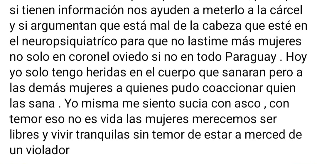 Escalofriante el relato de Johana, última víctima del violador serial de Cnel Oviedo. Publicó una carta, pidiendo que el agresor sea capturado para que otras mujeres no pasen lo mismo. Teme por su vida y la de su hija. Contó que llamó 19 veces al 911 pero no tu respuestas.