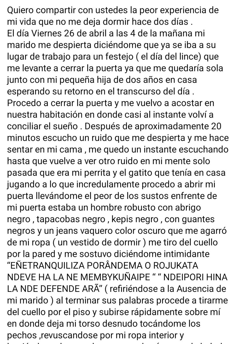 rolandorodi's tweet photo. Escalofriante el relato de Johana, última víctima del violador serial de Cnel Oviedo. Publicó una carta, pidiendo que el agresor sea capturado para que otras mujeres no pasen lo mismo. Teme por su vida y la de su hija. Contó que llamó 19 veces al 911 pero no tu respuestas. https://t.co/LPjSNFNGW1