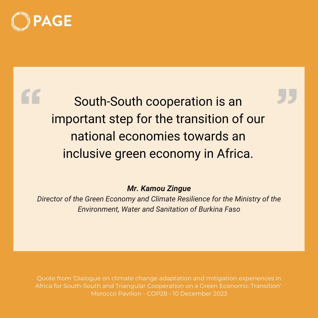 Let's unite for a greener, more resilient future. 🟢

On 10 December 2023, the Morocco Pavilion at COP28 hosted PAGE for a discussion on Africa transitioning towards a #greeneconomy & brought together representatives of Senegal 🇸🇳, Burkina Faso 🇧🇫, and Morocco 🇲🇦 . #Throwback