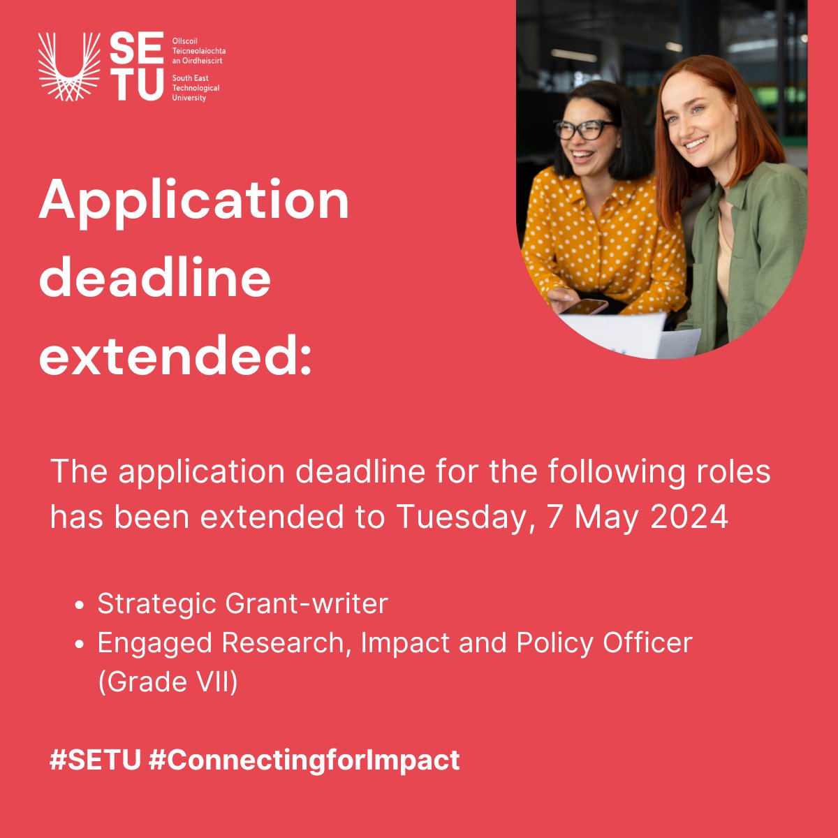 Application deadline extended: Applicants have until Tuesday, 7 May 2024 to apply for these important new positions. Please select your chosen role from the dropdown list at: my.corehr.com/pls/esbshesetu… @geraldine_canny @IrishResearch @ArclabsSETU @Designplus_ITC @PMBRC_SETU…