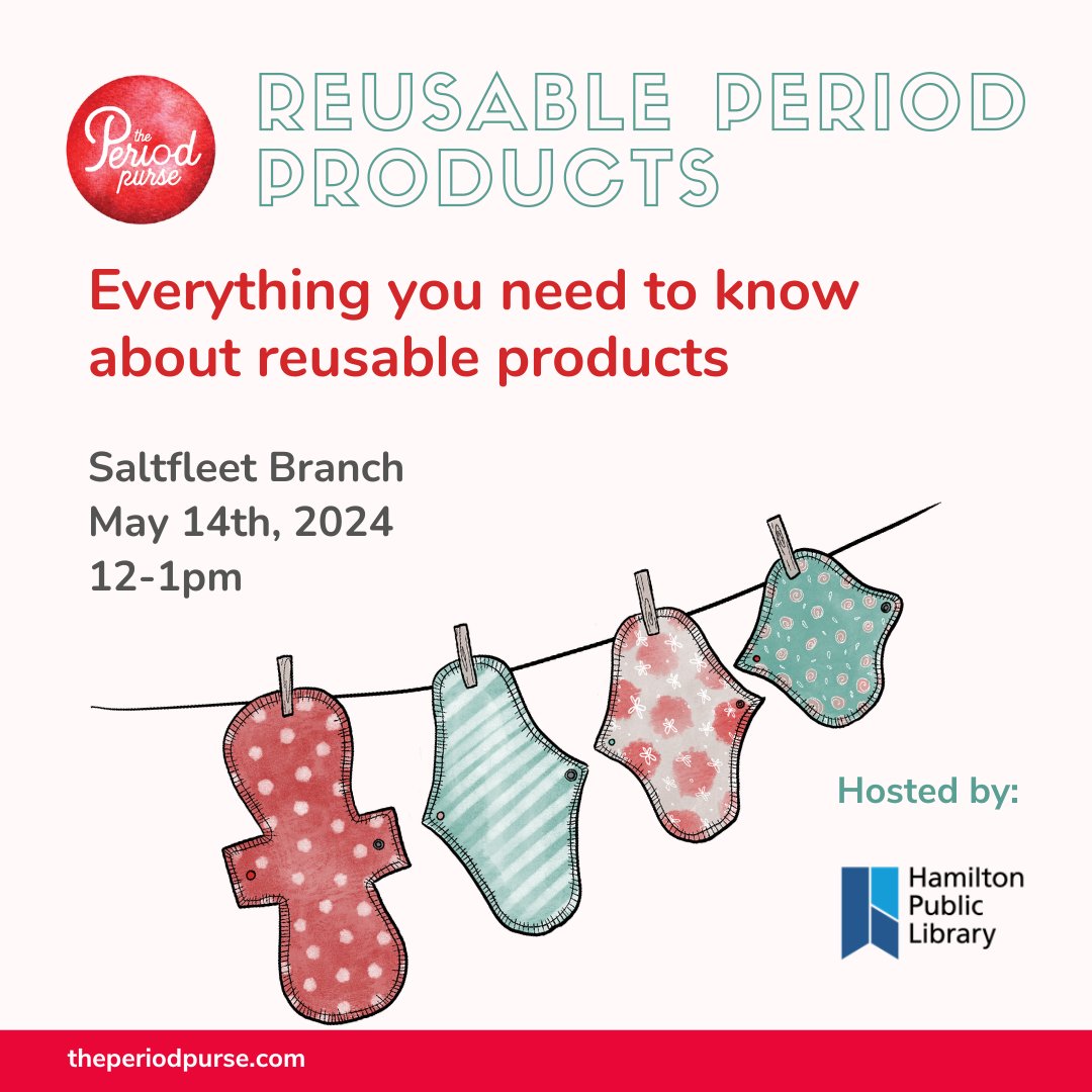 Bring your #tweens and #teens to learn more about #periodproducts in Reusable Period Products and Periods 101 sessions next month. Presented in partnership by @ThePeriodPurse, a non-profit organization dedicated to ensuring sustainable access. hpl.ca/events #HamOnt