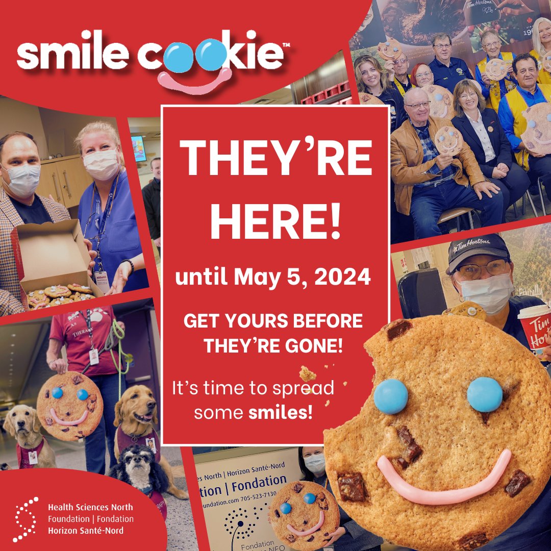 Smile Cookie Week is kicking off TODAY until May 5th at participating @TimHortons locations! 😊 When you purchase a delicious smile cookie during this week, you're not just indulging in a sweet treat – you're also supporting Health Sciences North through the HSN Foundation! 🏥💙