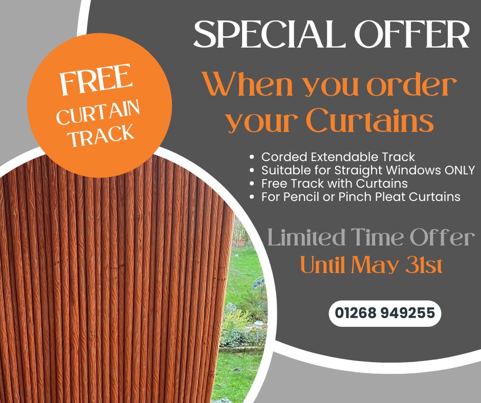 Limited Time Offer! Up until the 31st of May we are installing all of our Curtain Tracks for no extra cost. Meaning, when you order pencil or pinch pleat curtains we provide a free service to install curtain tracks in your home. To get in touch, please call us on 01268 949255.