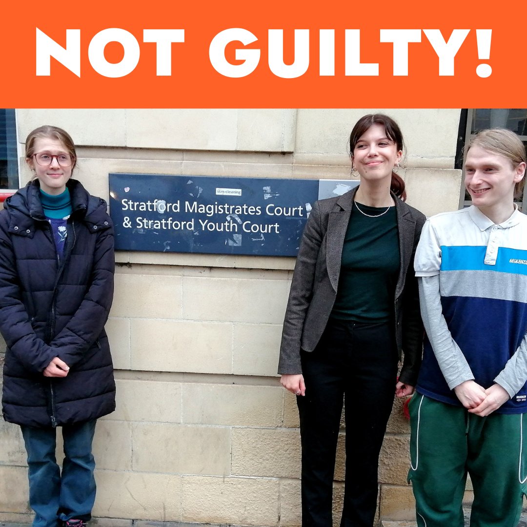 JustStop_Oil's tweet photo. 🚨 Three Just Stop Oil Supporters NOT GUILTY

🔥 Eve, Josh and Cressie were found Not Guilty of Wilful Obstruction of the Highway at Stratford Magistrates Court after slow marching last year.

⚖️ Judge Moffat ruled that the prosecution could not prove significant disruption was caused, and that their action was proportional. 

✈️ This summer, airports will be sites of civil resistance. Sign up to take part — https://t.co/bLY1usEHyr