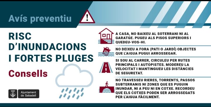 Se activado aviso por riesgo de inundaciones y fuertes lluvias en las próximas horas mucha precaución <a href="/Info_LaRoureda/">Info La Roureda</a> <a href="/InfoSantJulia/">Info Sant Julià</a>