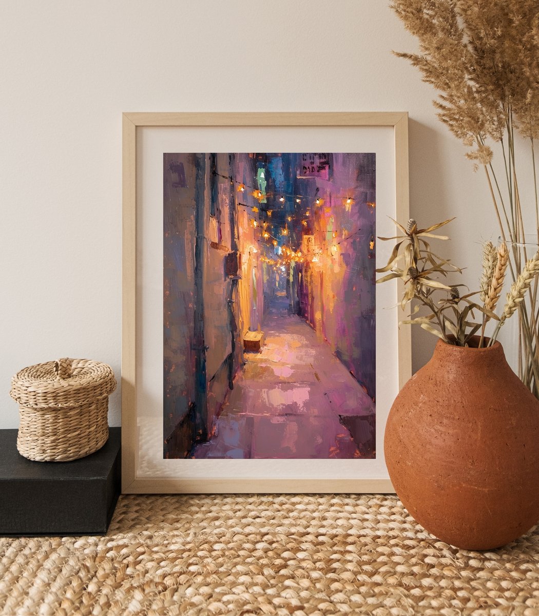 Wander through the twinkling alleys of your imagination with this evocative street scene print from Lena Art Design. 🌟🏙️ Every brushstroke invites you into a world of mystery and charm. #CityLights #ArtisticJourney #LenaArtDesign