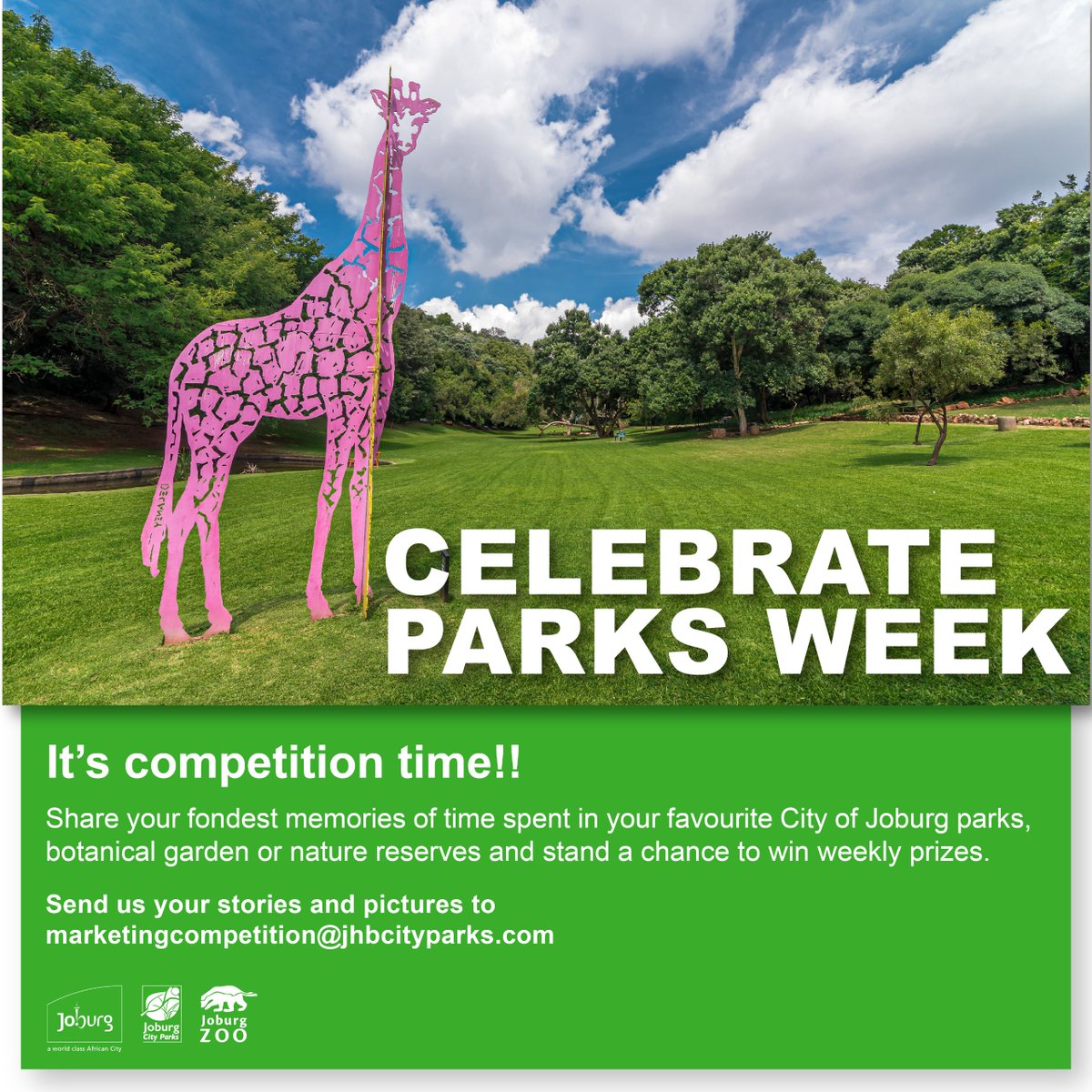 JoburgParksZoo's tweet photo. 🌳Embrace the green spaces! It's #ParksWeek, a time to celebrate the heartbeats of our communities. Parks bring us together, fostering social connections and shared memories. Let's cherish and protect these vital spaces!
Enter this amazing competition and stand a chance to win awesome prizes🥳
T & C's
🌳 Competition runs from 29 April until 5 May 2024
🌳 Winners will be randomly selected and announced on 7 May 2024
🌳 Competition is open for Gauteng residents only.
Goodluck 🎊🎊
#JoburgParksWeek #ParksWeek2024 #WorldParksWeek #JCPZServices