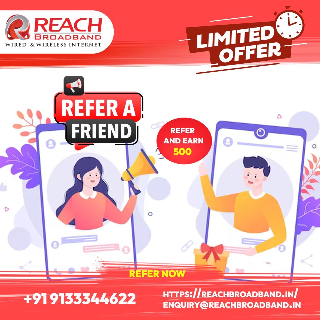 #ReachBroadband #LimitedTimeOffer #ReferAndEarn #500INR #ReferralProgram #EarnRewards #SpreadTheWord #ShareTheJoy #HighSpeedInternet #BroadbandService #Hyderabad #InternetProvider #EarnMoney #ReferAFriend #RewardProgram #ReferNow #ExcitingOffer #SpecialPromotion #EarnCash 💰🌐