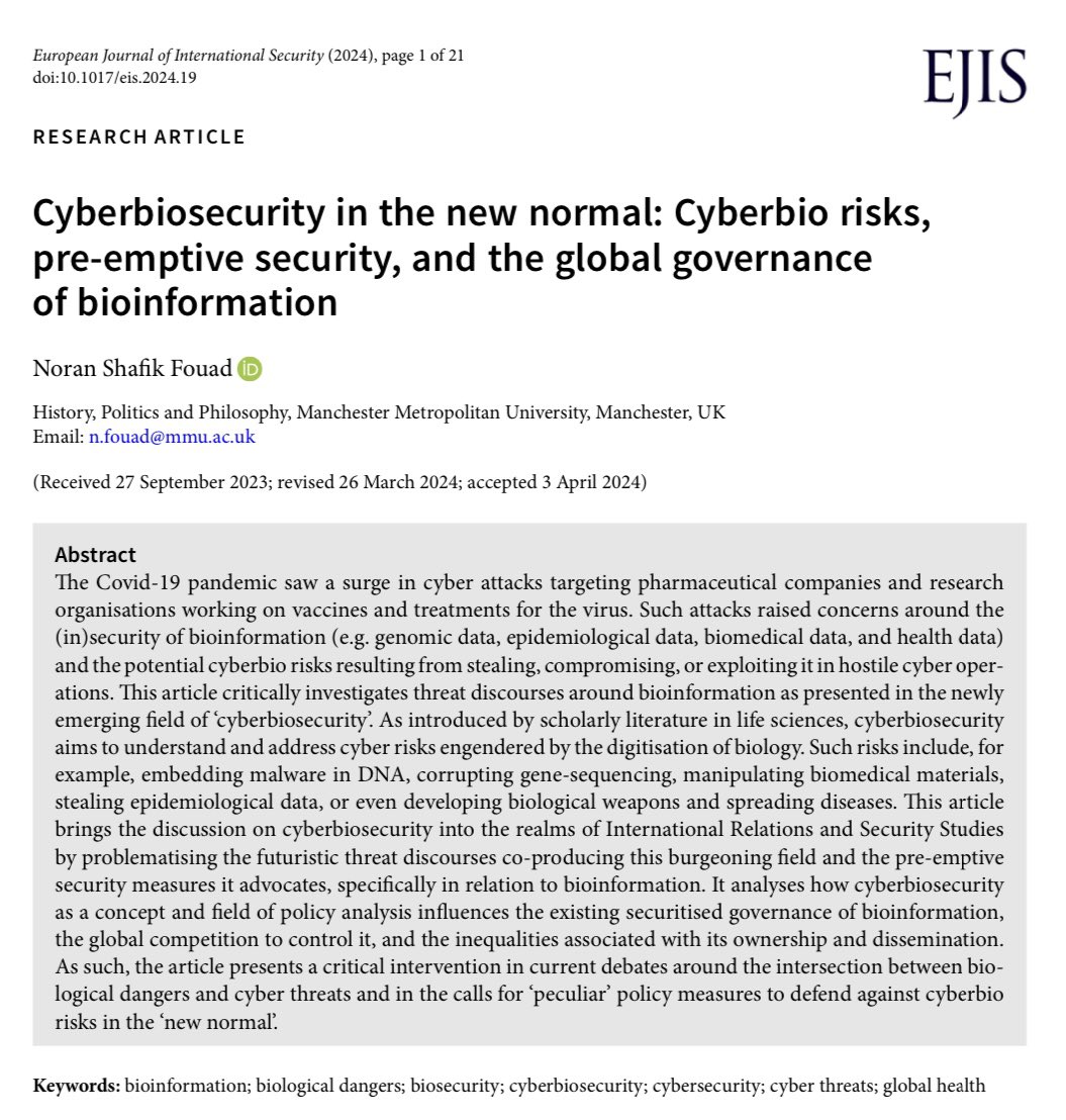 N_S_Fouad's tweet photo. 🚨New publication: pleased to share my article on #cyberbiosecurity, published OA in @EJIntSec! The article develops an International Relations approach to the newly emerging discourses of #cyberbio risks & their impact on governing #bioinformation 🦠💻 🔗https://t.co/tQHoB7Ogsg https://t.co/F3fvti5D4n