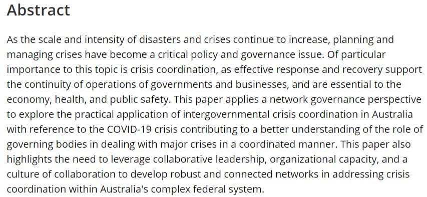 🚨New article in PAR🚨 Crisis coordination in complex intergovernmental systems: The case of Australia by Naim Kapucu @nkapucu, Andrew Parkin, Miriam Lumb, and Russell Dippy: buff.ly/4d3gHEq