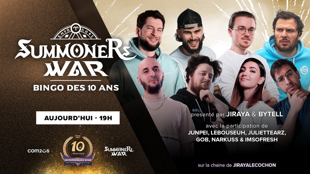 Ce soir dès 19H00, retrouvez le Bingo des 10 ans de Summoners War ! 🎉 Venez découvrir ce show spécial présenté par @Jirayalecochon & @Bytell2, avec la participation de @JunpeiFrance, @LeBouseuh, @Juliette_arz, @GoB_GG, @NarkussLol & @ImSoFresh_K ! 😍 Lien en description 👇🏻