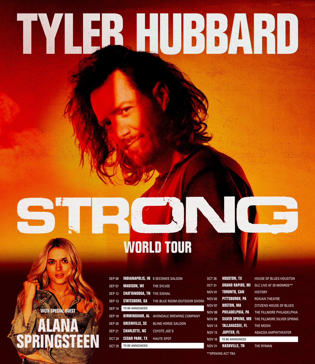 So excited to announce the Strong World Tour this Fall! @alanaspringsteen and I are hittin’ some of our favorite cities, and may even add a few more along the way😏 Tickets on sale Friday 5/3🧡 #strong tylerhubbard.lnk.to/StrongWorldTour