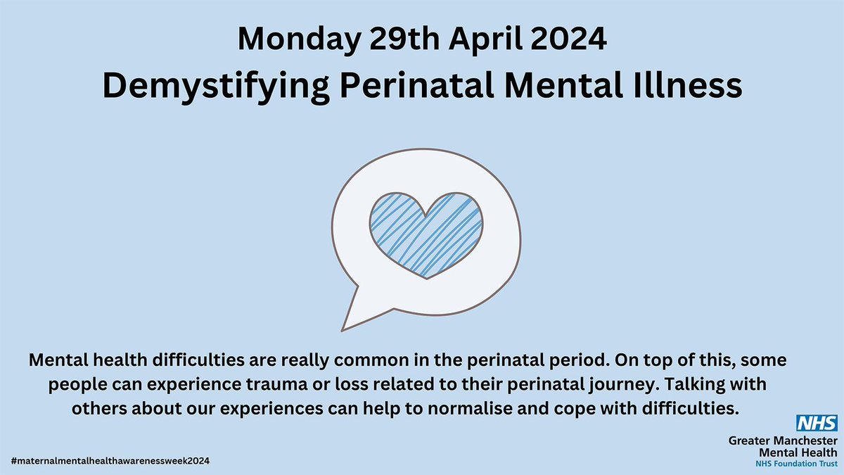 It’s the start of #MaternalMentalHealthAwarenessWeek! Talking with others can help normalise and cope with difficulties. 💬 Find out what support is available from our Perinatal Services: buff.ly/4aO3YEa #MMHAW #GMMHPerinatal