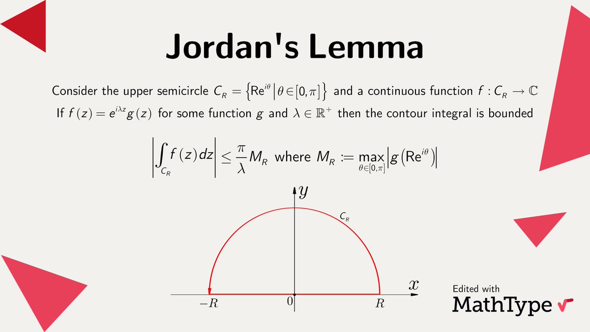 Jordan's lemma explains the behavior of a contour integral on the semicircular upper arc and is frequently used along the residue theorem to evaluate such integrals. It is named after the French mathematician Camille Jordan.

#MathType #NumberTheory #math #mathematic #mathfacts