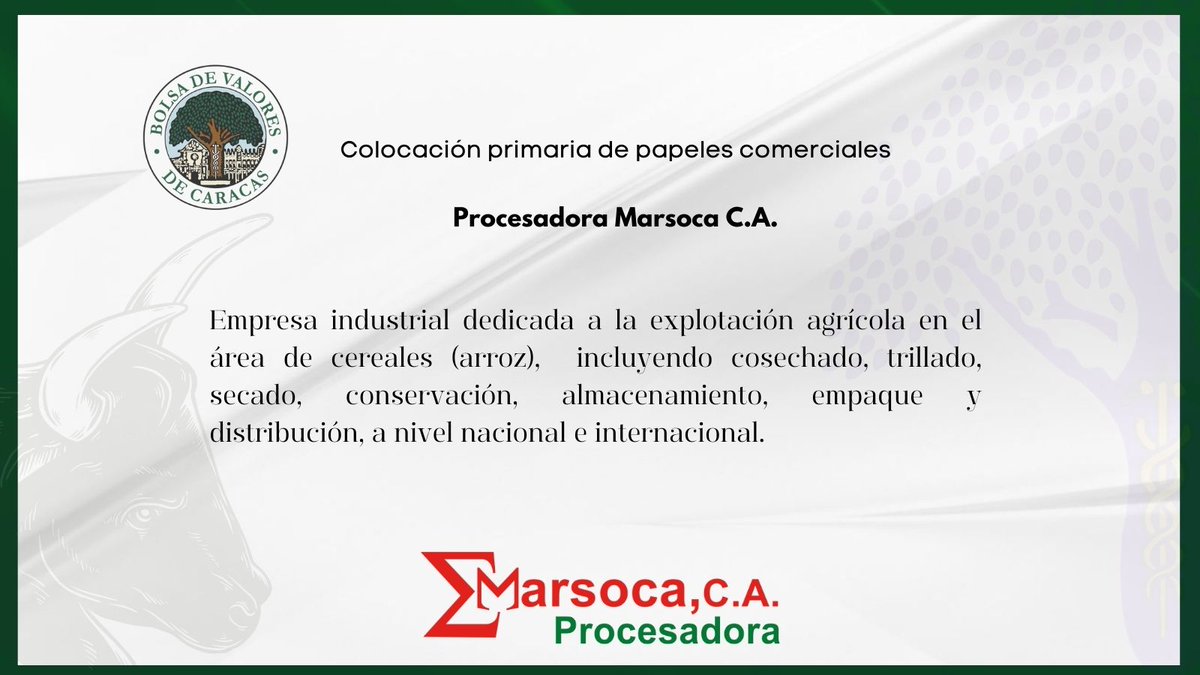 La Bolsa de Valores de Caracas, en su carácter institucional de promover el mercado de valores de #RentaFija, informa sobre la colocación primaria de Papeles Comerciales al portador de la empresa Procesadora Marsoca, C.A.

🧑‍💻  bit.ly/3Uvz2Tp