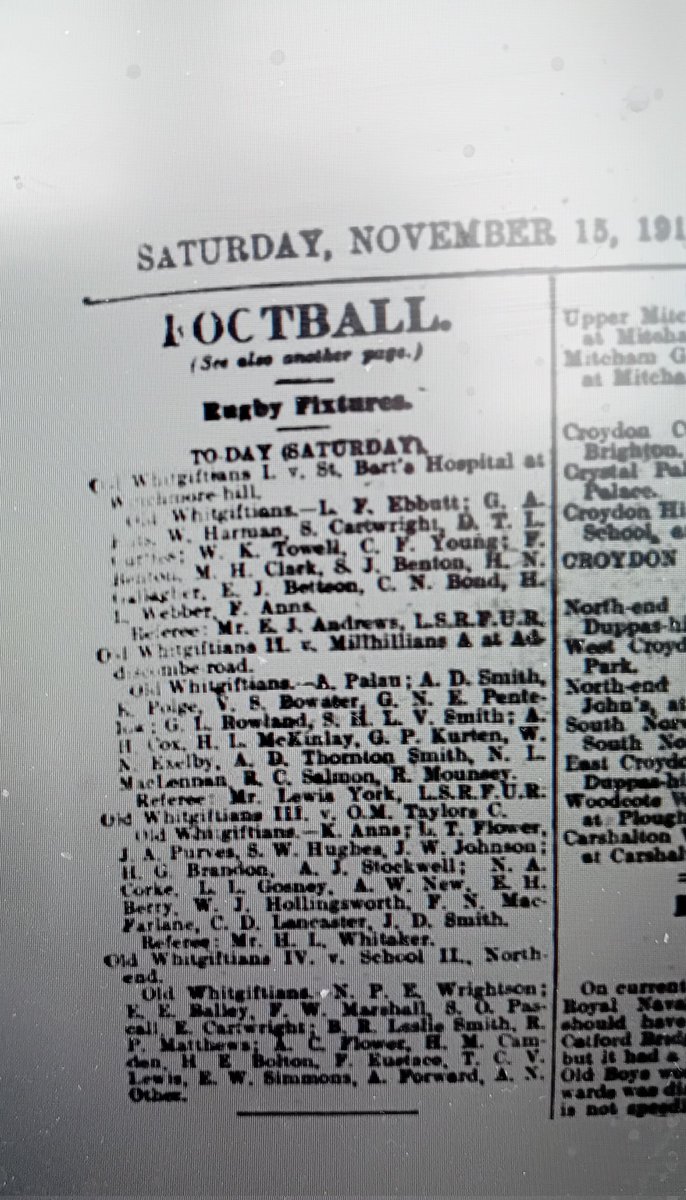 Interesting newspaper cutting from Nov 1913. 4 old whitgiftian teams playing St Barts Hospital @OldMillhillians , old Merchant Taylors and a School Second XV @OldWhitsRFC @JohnWhitgiftFdn @InsideCroydon @WhitgiftSport
