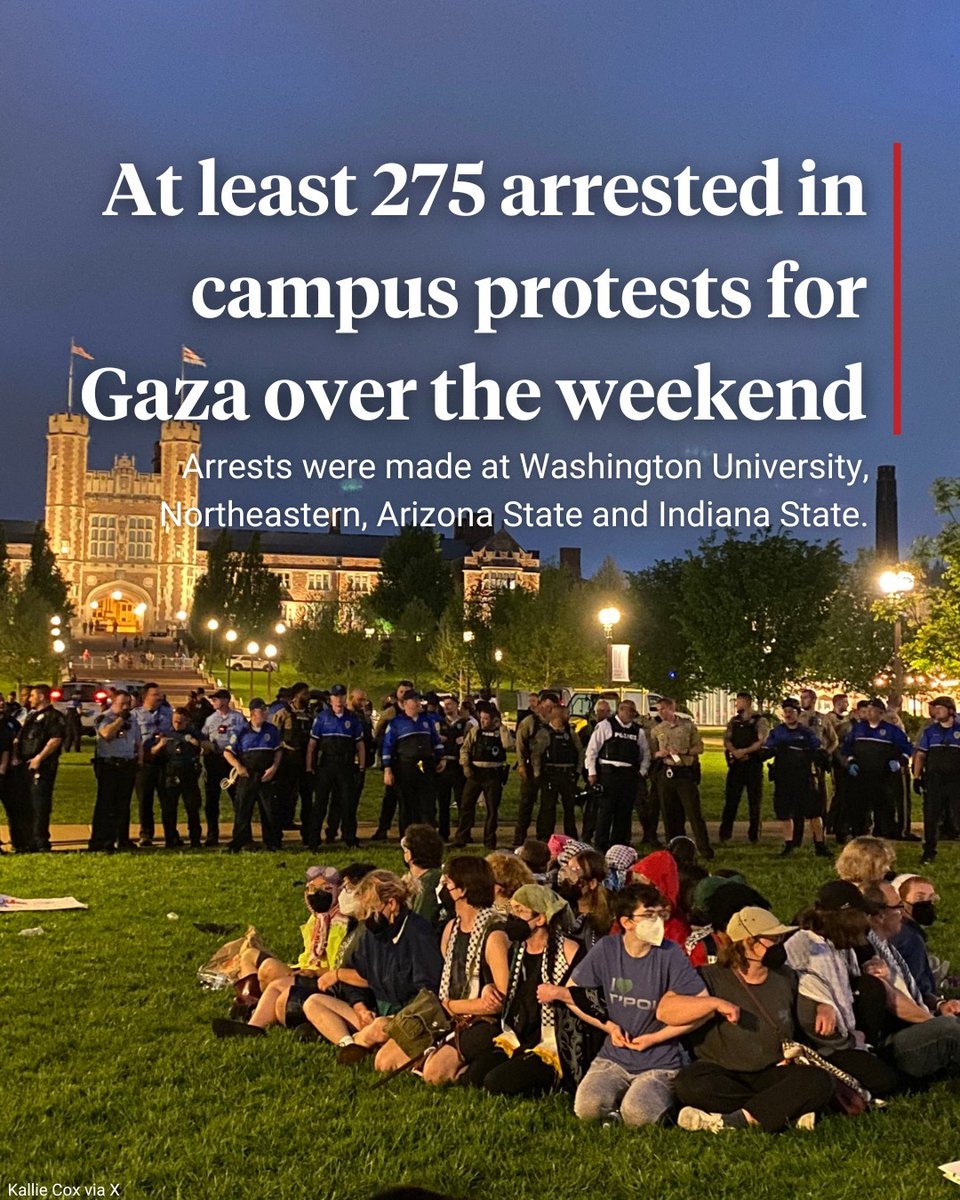 Police across the United States made at least 275 arrests over the weekend as campus protests against Israel's assault on Gaza continue to spread. Police arrested protesters at Northeastern University, Washington University in St. Louis, Arizona State and Indiana State.