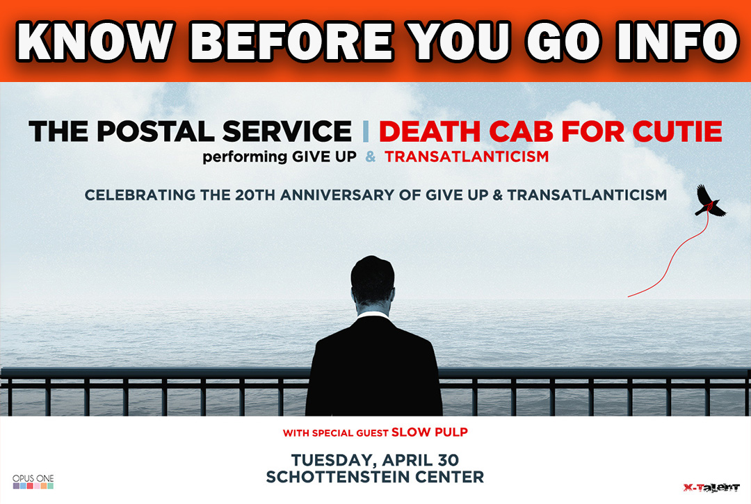 We're ready for The @PostalService and #DeathCabForCutie (@DCFC) coming to @TheSchott TOMORROW April 30! Check the link for tickets and all IMPORTANT info to Know Before You Go. schottensteincenter.com/events/detail/…