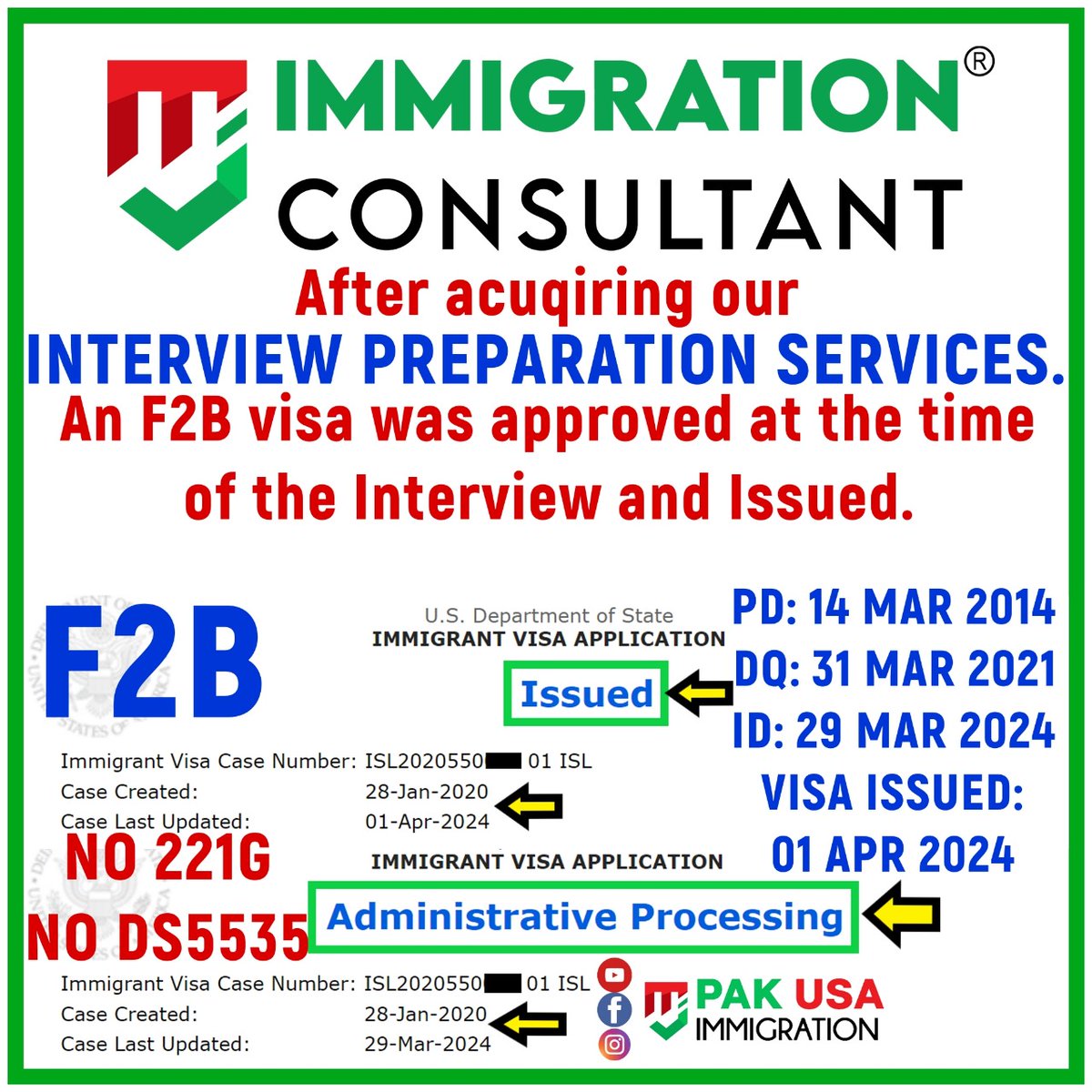 F2B Visa ISSUED at US Embassy ISLAMABAD.
No 221G
No DS5535

#usimmigration #PakUSAImmigration #MJImmigrationConsultant #PakUSImmigration #USVisa #USCIS #NVC #immigrationconsultant #PAKUSAt75 #USEmbassy #immigration #ImmigrationExperts #ImmigrationPolicy #ImmigrationConsultancy