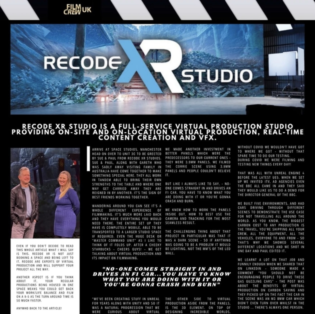 recodestudioxr's tweet image. We were featured in this month&apos;s @FilmCrewUK Spotlight Magazine where Paul and Sue from Recode were interviewed about our space at Space Studios Manchester, the company&apos;s history and the pros of virtual production 🎥

Read here 👉 filmcrewuk.com/spotlight/edit…

#virtualproduction