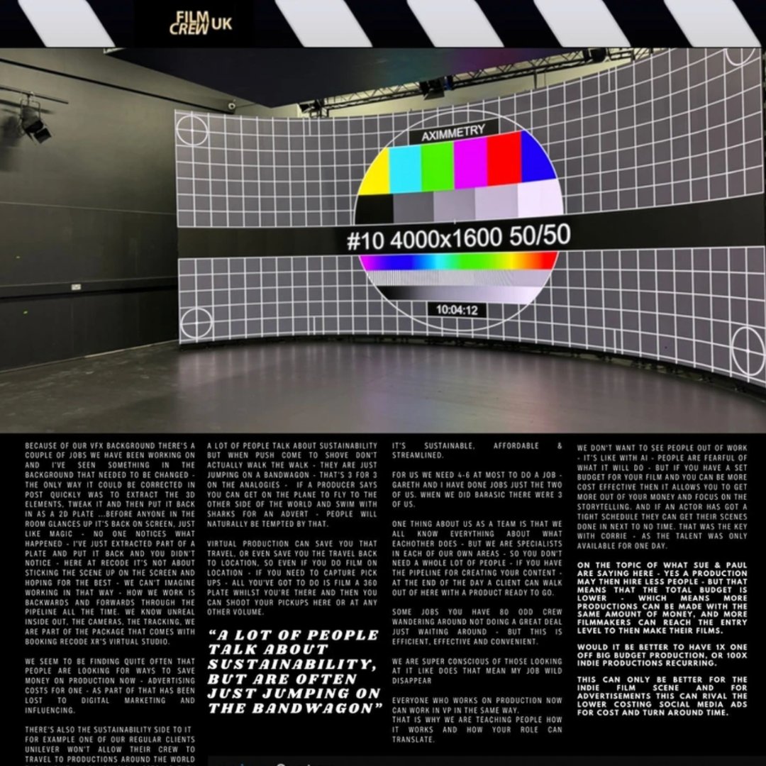 recodestudioxr's tweet image. We were featured in this month&apos;s @FilmCrewUK Spotlight Magazine where Paul and Sue from Recode were interviewed about our space at Space Studios Manchester, the company&apos;s history and the pros of virtual production 🎥

Read here 👉 filmcrewuk.com/spotlight/edit…

#virtualproduction